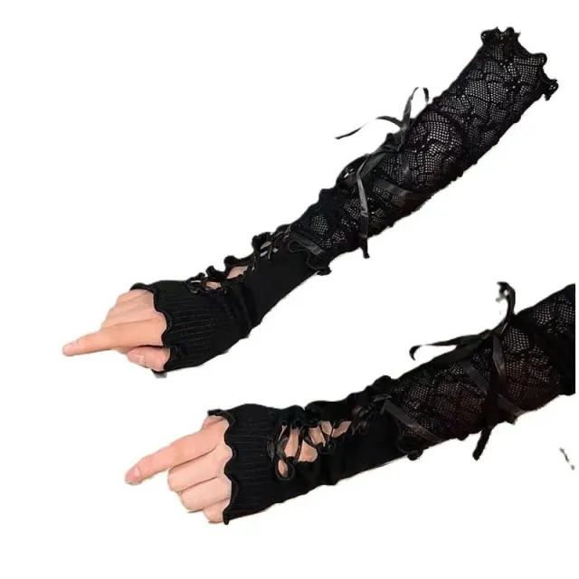 Lolita Fashion Long Fingerless Gloves fingerløse hansker svarte