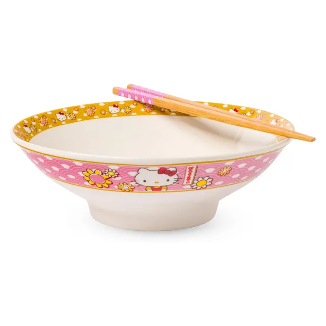 Hello Kitty Ceramic Noodle Bowl and Chopstick Set Golden Flowers nudelskål