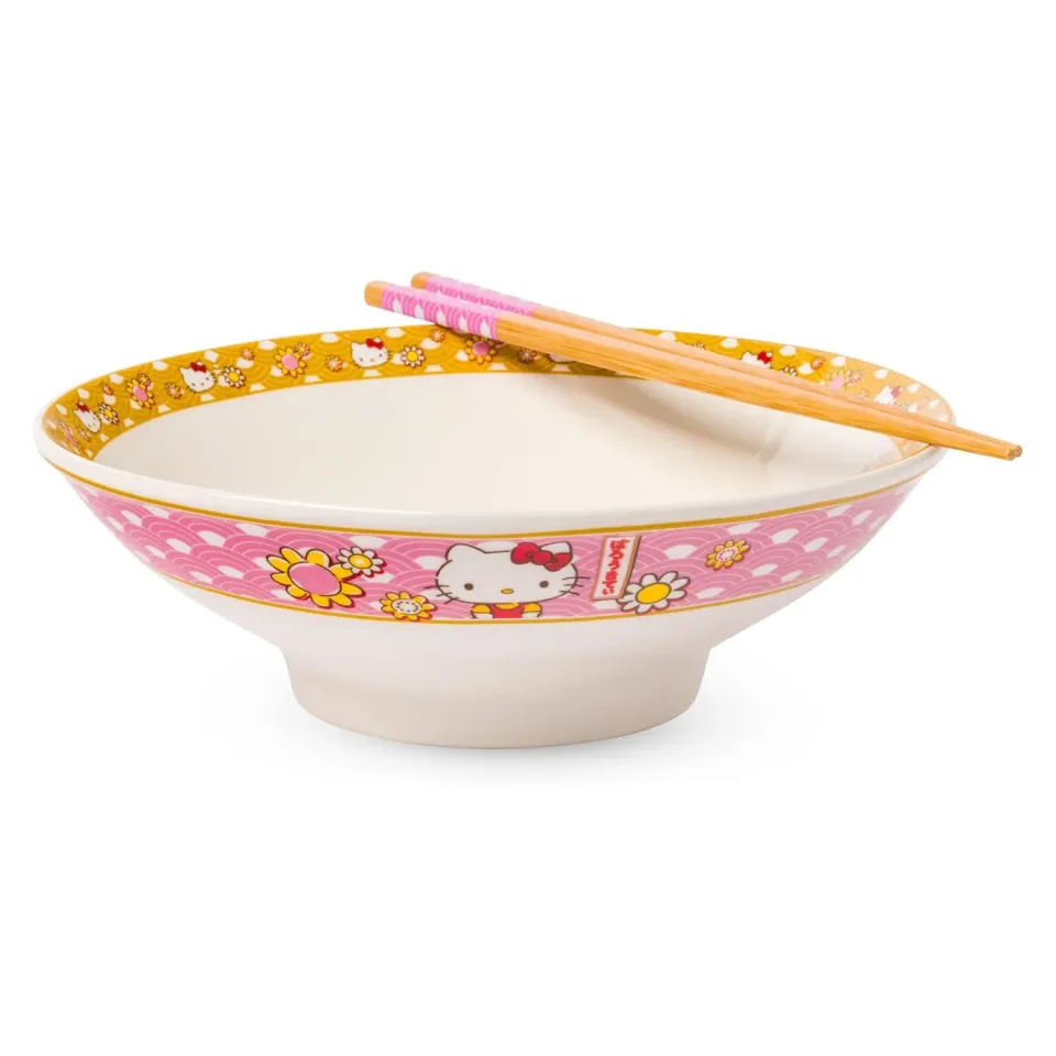 Hello Kitty Ceramic Noodle Bowl and Chopstick Set Golden Flowers nudelskål