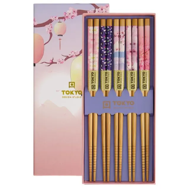 Neo Tokyo Chopsticks Gift Box Sakura & Lanterns spisepinner 5 sett 22,5 cm tre
