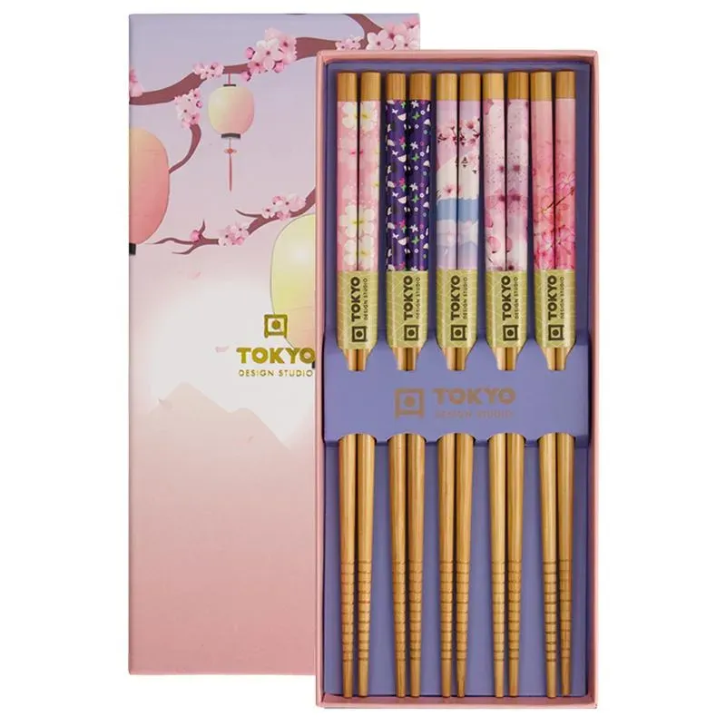 Neo Tokyo Chopsticks Gift Box Sakura & Lanterns spisepinner 5 sett 22,5 cm tre
