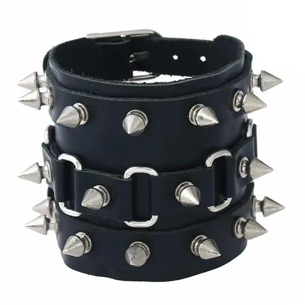 Neo Tokyo Harajuku Fashion Black Leather Rivet Wide Cuff Bracelet naglearmbånd svart