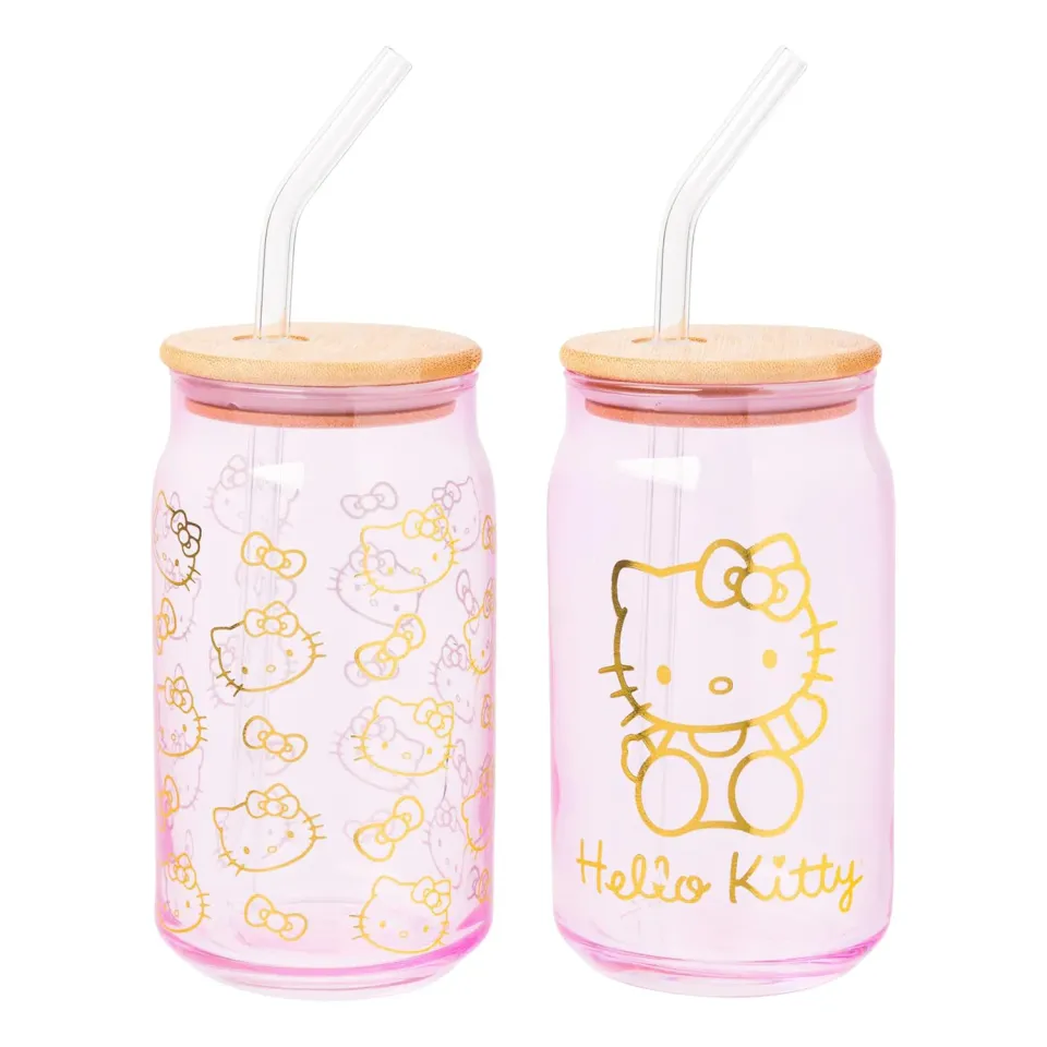 Hello Kitty Pink Glass Jar Tumblers glasskrus med bambuslokk 2-pakning