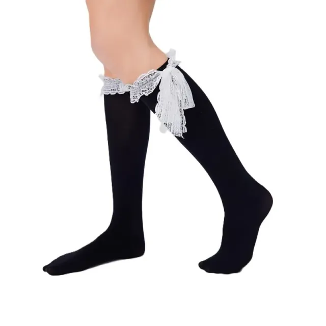Neo Tokyo Lolita Fashion Ribbon Lace Stockings knestrømper svarte