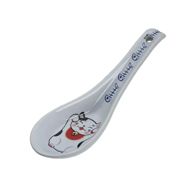 Japanese Porcelain Soup Spoon suppeskje Lucky Cat Red Bell