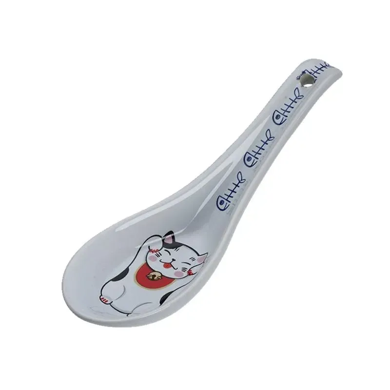 Japanese Porcelain Soup Spoon suppeskje Lucky Cat Red Bell