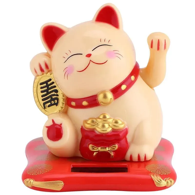 Neo Tokyo Maneki Neko Lucky Cat Beige Smiling solcellefigur 9 cm