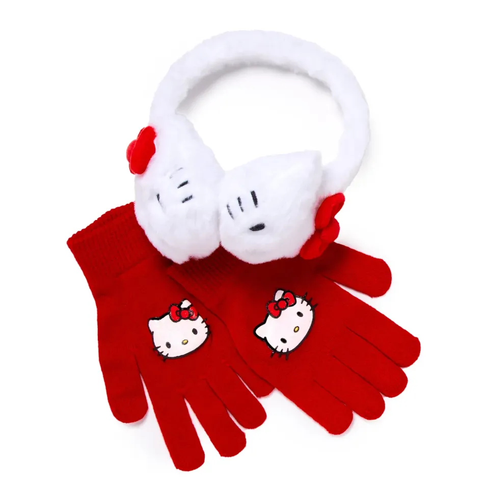 Hello Kitty barnevintersett med ørevarmere og hansker, rødt