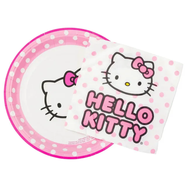 Hello Kitty papptallerkener og servietter 32 deler rosa prikker