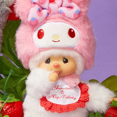My Melody x Monchhichi Chimutan plysjmaskot nøkkelring rosa