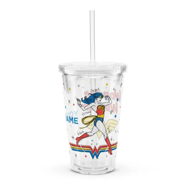 Batman WONDER WOMAN Personalized Plastic Tumbler plastkopp 16 oz med navn