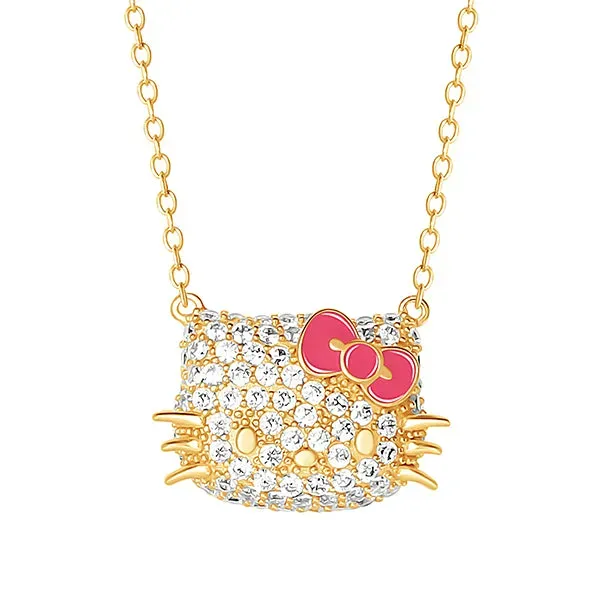 Hello Kitty 18” Gold Plated Face Pave 3D Necklace halskjede 18 tommer