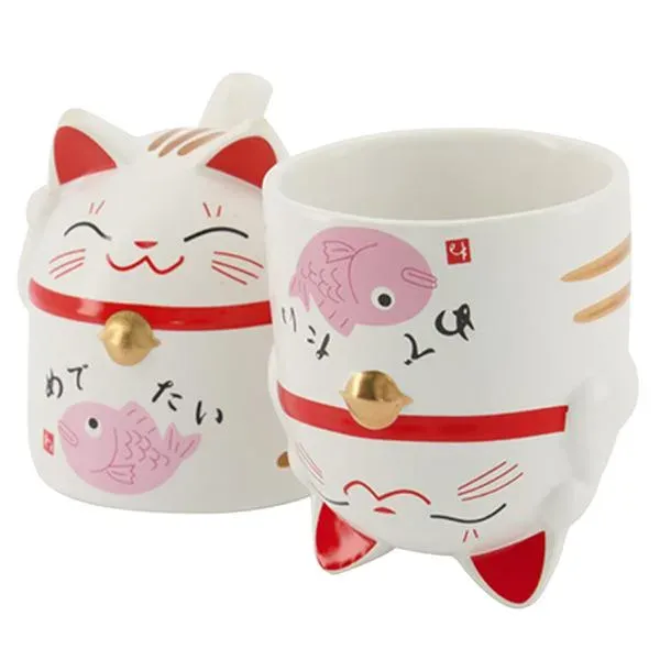 Japanese White Lucky Cat figurkopp rosa 350 ml